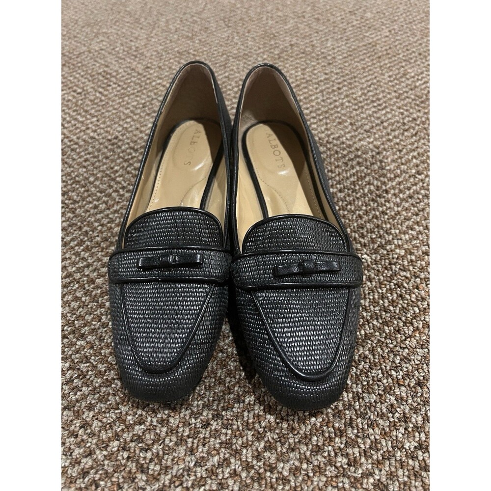 Talbots Jane Bow Paper Straw Black Loafers Women's Size 7.5